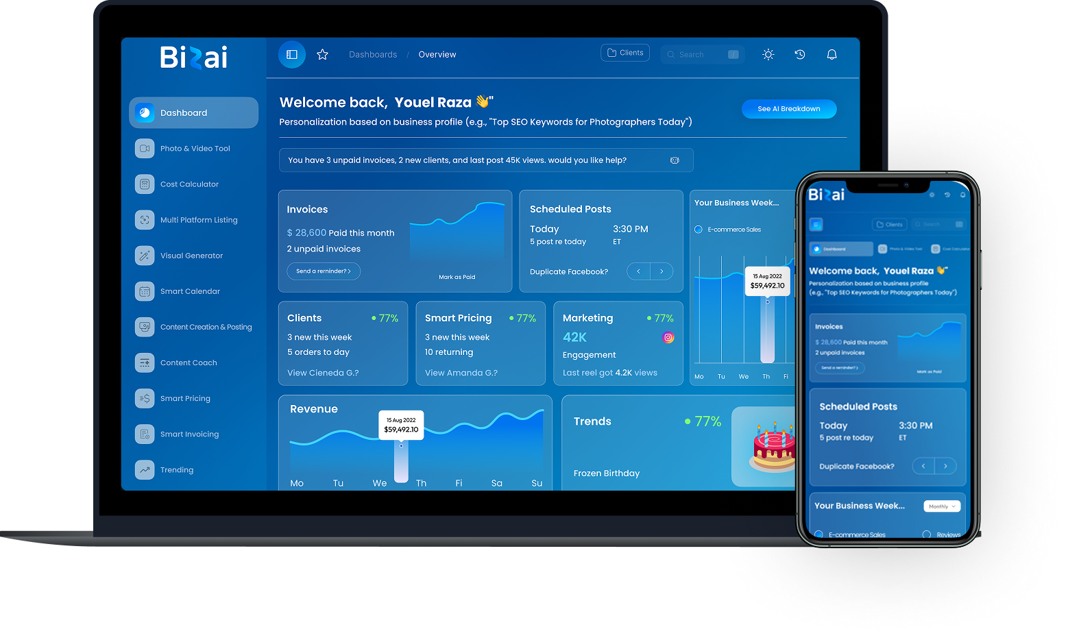 BizAI dashboard interface on laptop screen